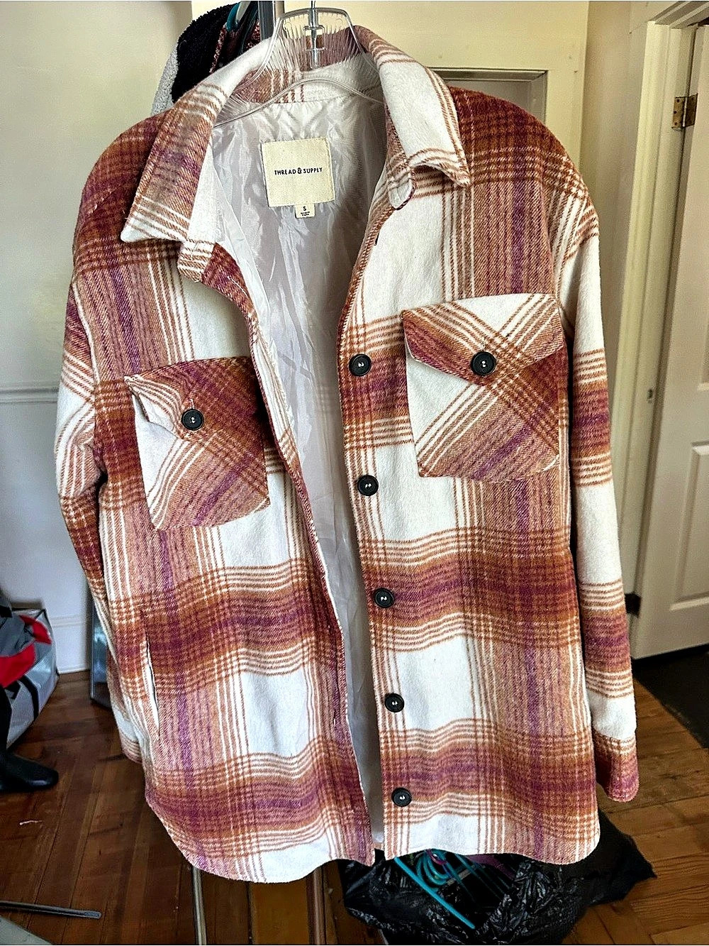 Thread & Supply Plaid Shacket in White & Brown Size Small Like New